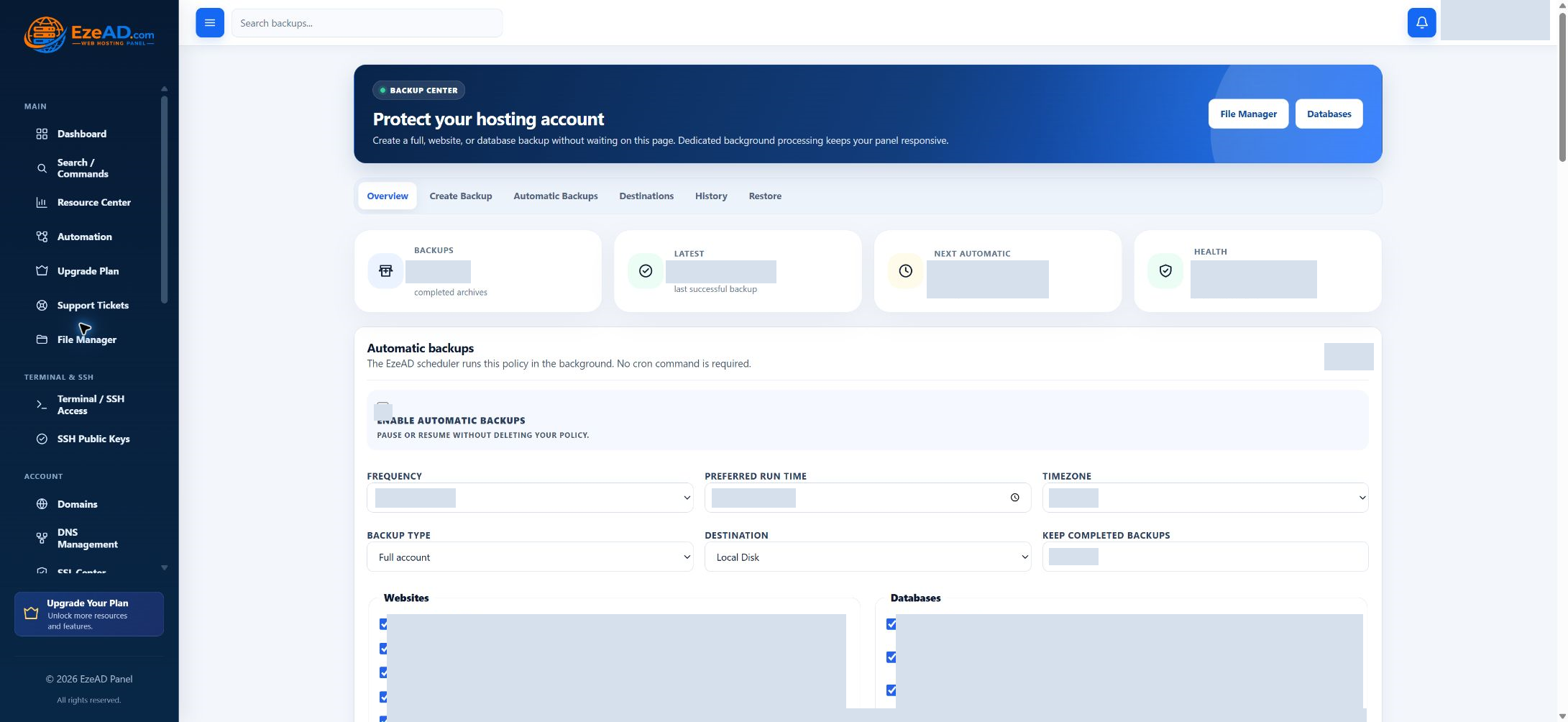 EzePanel customer backup schedule and archive workspace