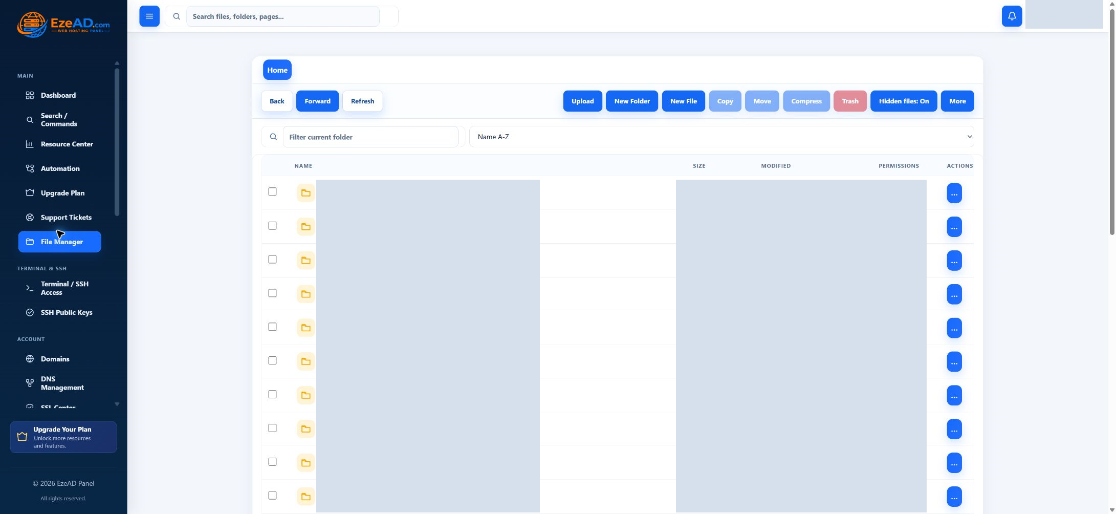 Real EzePanel File Manager with private filenames and metadata masked