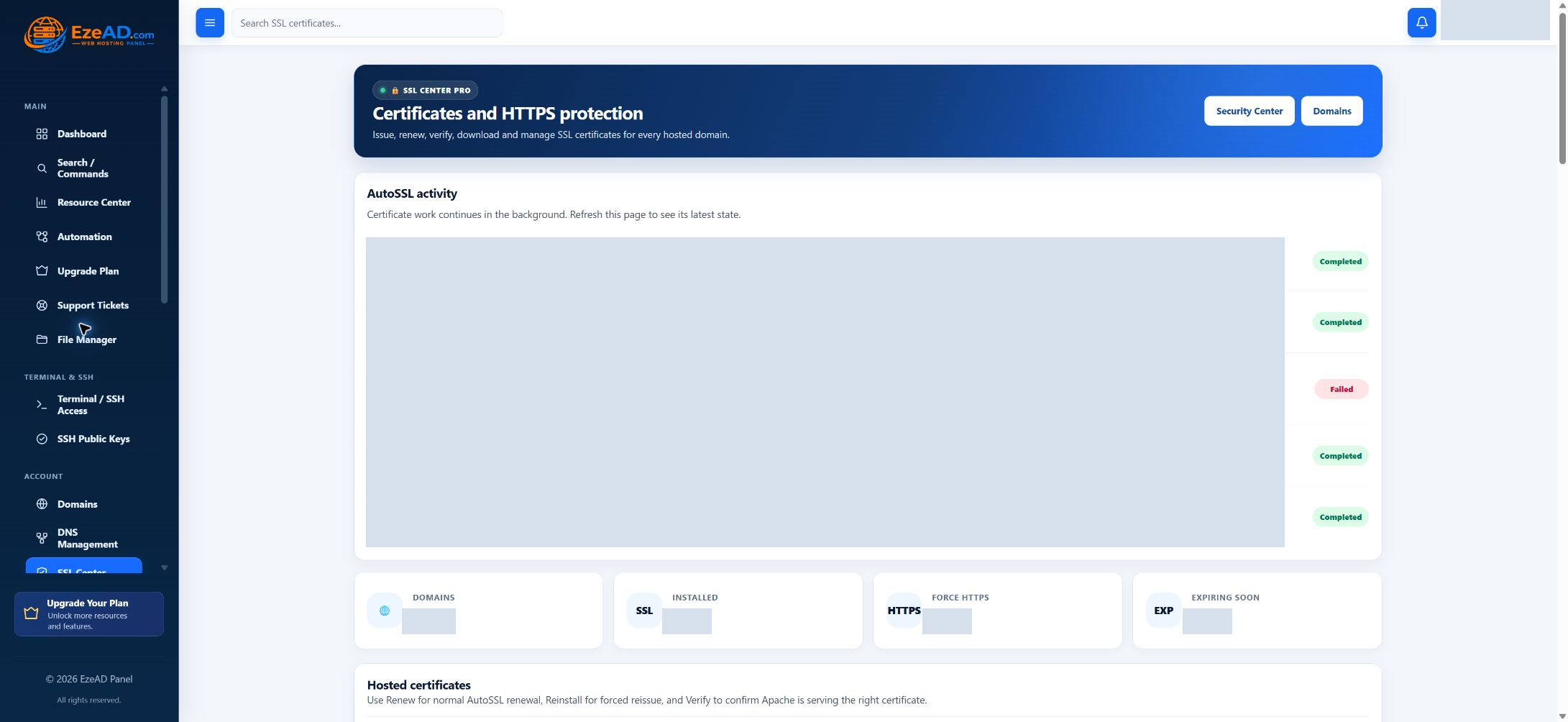 Real EzePanel SSL Center with domain names and certificate details masked