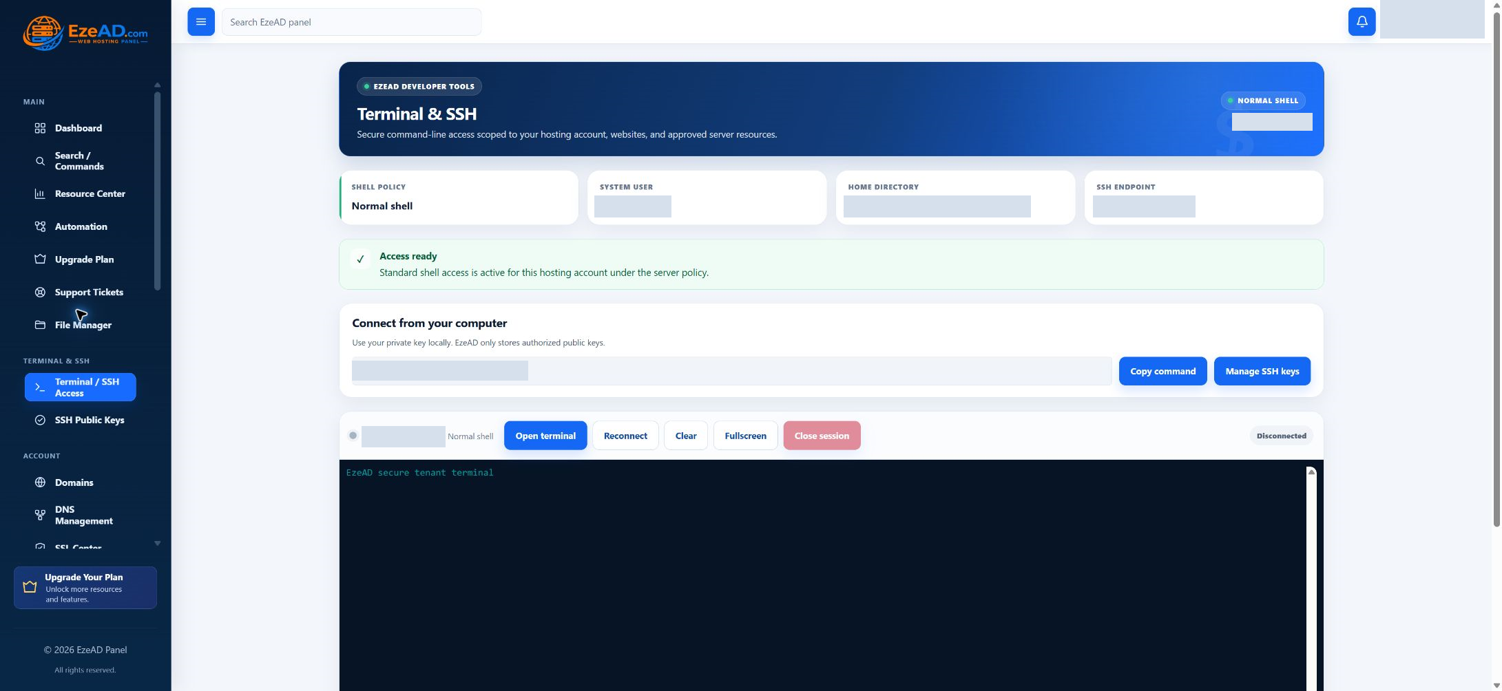 EzePanel customer terminal workspace and access policy